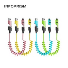 INFOPRISM / 올인원 USB 차량용 충전 스프링 릴 케이블 C타입 8핀 A타입 4 in 1 멀티케이블, 그린, ICC-93 (비닐포장) 1개입, 1개