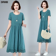 DFMEI 조순면 기품 반팔 원피스 여중 롱 작은 키 a라인 스커트