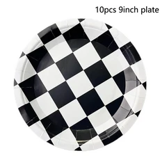 레이싱 카 테마 3 계층 라운드 골판지 컵케익 스탠드 자동차 생일 파티 식탁보 흑백 체크 무늬 장식 용품, 30 9inch Plate