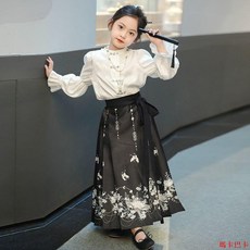 女童馬面裙 女童馬面套裝2024新款春裝中式漢服明制古裝兒童古風唐裝春秋