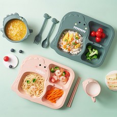 유아 어린이 공룡 식판세트 밀짚소재 미끄럼방지 전자레인지가능 선물용 식기세트 그린 핑크, 2공룡식판세트-핑크