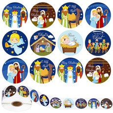 Whaline 1000피스 크리스마스 스티커 3.8cm(1.5인치) 예수 스티커 성탄 라운드 스티커 롤 예수님의 탄생 이야기 라벨 스티커 성야 종이 스티커 크리스마스 씰, Whaline 1000피스 크리스마스 스티커 3.8cm