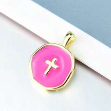 DIY首飾配件 十字架吊墜 圓盤滴油吊墜 手鏈項鏈材料 電鍍真金, 玫紅色, 1個