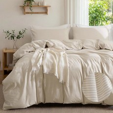 마일드 격자무늬 워싱 커버 90인 이불 듀얼 린넨 지퍼 타이 100 세트 깅엄 코튼 코너, 1 01 White & Beige (No Comfort, Twin (68"x90")