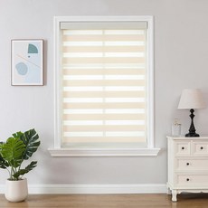 Joydeco Zebra 윈도우용 블라인드 낮과 밤 프라이버시 조명 제어를 위한 업그레이드된 알루미늄 스퀘어 커버가 있는 프리스톱 쉐이드 실내 창문용 무선 블라인드(오프 화, 베이지