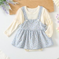 嬰兒碎花吊帶裙套裝 - 柔軟舒適可愛時尚長袖上衣吊帶裙