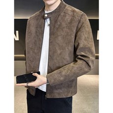 男士麂皮絨機車夾克，立領設計，黑色耐磨上衣