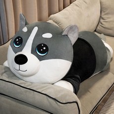 허스키 대형 인형 애착 바디필로우 강아지 침대용 베개, 검은 옷 하키 둥근 눈