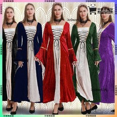 萬聖節金絲絨復古中世紀連衣裙 歐美大碼喇叭袖綁帶舞臺表演服裝 好康優選