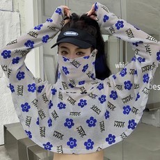 冰絲防曬面罩女士夏遮全臉防紫外線騎車電動車遮陽騎行披肩冰袖, 灰底藍花 防曬衣, 1個