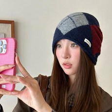 臺灣出貨複古菱形拚色格子針織堆堆帽女款秋冬保暖時尚款上班約會戶外出行用大頭圍包頭套頭冷帽, 咖啡,56-60cm【有彈性】, 1個