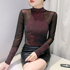 라인댄스복상의 여성 봄 가을 망사 스팽글 반짝이 시스루 긴팔 티셔츠 레이어드 이너티