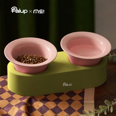 팔업 강아지 고양이 밥그릇 목보호 식기 세트 2구, 1개, 올리브 핑크