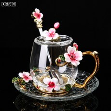 DFMEI 琺琅彩水杯簡約可愛便攜玻璃咖啡杯創意個性潮流茶杯子套裝, 1個, 紅迎春花矮款+蓋勺碟(簡裝):301-400ml