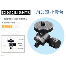 HIGHLIGHTS 雄火 S1-03 1/4公頭迷你雲台，承重1.5kg，鋁合金, 1個