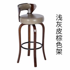 美式實木高腳吧檯椅 創意輕奢家用 咖啡廳酒吧北歐靠背, 棕色架淺灰皮,60高, 1個