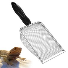 Qulkws 스테인리스 스틸 메시 배변 삽 미세 금속 파충류 클리너 스쿠퍼 도마뱀 기질 테라리움 모래 폐기물용 블랙 미끄럼 방지 핸들 체 141267, Qulkws 스테인리스 스틸 메시 배변 삽, 미세 금속