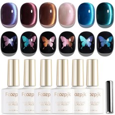 Fcozpjk 캣아이 젤 네일 폴리쉬 세트 자석 스틱 포함 6가지 색상 시어 젤리 레드 누드 핑크 브라운 골드 유리 캣아이 효과 마그네틱 젤 폴리쉬 반투명 젤 매니큐어 살롱, 다채로운 색상