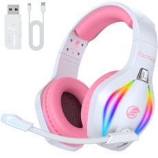 Fachixy 게이밍 헤드셋 FC100 가상 7.1채널 3D 사운드 저지연 2.4GHz 무선 노이즈 캔슬링 마이크 PC PS5 겸용, 화이트핑크, 프로