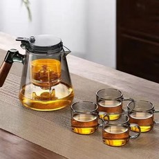 耐熱玻璃茶壺套裝，含濾網及四個玻璃杯，木質手柄設計，簡約時尚品茗首選, 煙灰色+4杯, 1個, 900ml