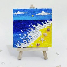 海洋石英砂畫DIY材料包-蔚藍海岸 15x15cm畫布含顏料、貝殼 簡單好上手！立體感肌理畫, 1個, 蔚藍海岸