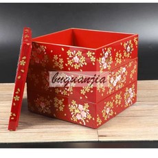 도시락통 일본찬합 고급 벚꽃 용기 3단 일식 우드 소풍 도시락 가정식 나무, 1개, A. 중형 빨간색 3겹 사쿠라 상자 5x5 x5cm