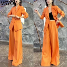vsyoy 인터넷 핫 세트 투피스 오렌지 컬러 웨스턴 스타일 프로페셔널 착용 통근 하이 엔드 뉴 자켓 와이드 레그 팬츠 트렌디