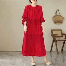 라운드넥 빅사이즈루즈핏 플리츠 퍼프소매 기계주름 캉캉, 레드