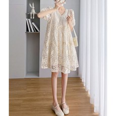 빅사이즈 자수 벌룬소매 A라인 임부복 원피스