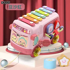 QRU 嬰幼兒0-1早教益智多功能手部精細動作敲琴拔蘿蔔六面巴士車玩具, 1個, 巴士敲琴車(紅)禮盒裝