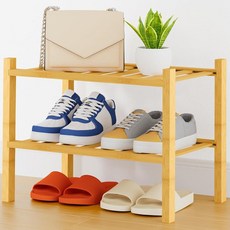 Smiry 신발장 6단 긴 대나무 신발 오거나이저 쌓을 수 있는 프리 스탠딩 목재 신발 보관 선반 옷장 입구 현관 입구용 그레이, 천연, 2 Tier - Thick - Small