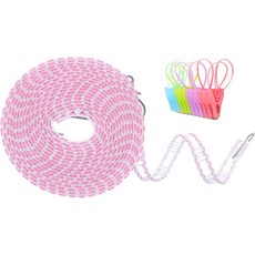 uxcell 방풍 빨래줄 5M 16.4피트 플라스틱 미끄럼 방지 옷 건조 로프 12개의 클립 야외 캠핑 여행용 휴대용 세탁 라인, Pink, 16.4ft