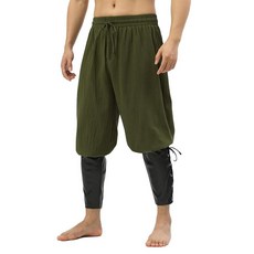 Heyigrow 남성용 해적 바지 중세 바이킹 코스튬 르네상스 레이스업 앵클 밴드 바지 면 리넨 코스프레 의상 아미 & 블랙102872