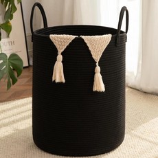 OIAHOMY 우븐 세탁 바구니 거실 욕실 및 아기방을 위한 60L 아기방 바구니 담요 장난감 및 더러운 옷을 위한 면 로프 세탁 바구니 브라운/화이트, 블랙