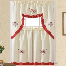 3pcs Multi-Color Embroidery Kitchen Curtains for Windows with cutworks Swag Valance and Tiers Set