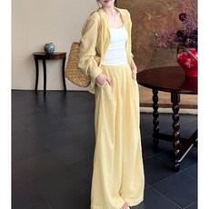 黃色休閒兩件式套裝女夏薄款長袖襯衫闊腿褲, 黃色