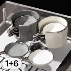 6개 세트 북유럽 스타일 손잡이 앞접시 전용 수납통 포함 예쁜 앞 접시 반찬 그릇 나눔 찬기 도자기 핸들 플레이트 모던 디저트 플레이팅 원형, 화이트, 1세트, 앞접시(6P)+수납통(1P)
