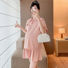 2024年夏季孕婦裝 櫻桃刺繡polo領上衣 減齡兩件套