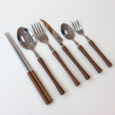 라임키친 수저포크 젓가락 2인 6종 304스텐 원목손잡이 커트러리, 2세트, 수저+포크+나이프+젓가락+디저트스푼+티포크, 실버