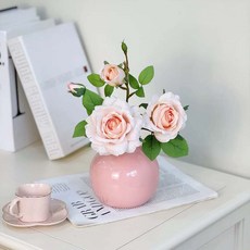 安娜玫瑰仿真花藝擺設 粉色圓形花瓶, 安娜玫瑰小花園仿真花禮, 1個