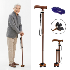 장수안 프리미엄 초경량 접이식 네발 지팡이 등산스틱 보행 보조 워킹스틱, 1개, 브라운