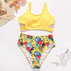 야옹야옹섹시한 여성의 잎 인쇄 Beachwear 2022 여름 높은 허리 중공 수영복 수영복 Biquini 여성 조끼 두 조각 비키니 세트, 노란색, L