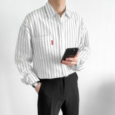 Eve Company 男式寬鬆口袋條紋長袖襯衫大碼 95-110 (5114-1)