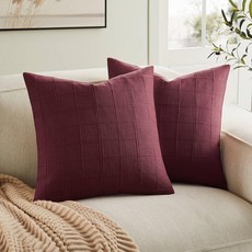 ZeeMart 리넨 체크 요추 장식용 쿠션 커버 2개 세트 30.5x50.8cm(12x20인치) 전체 그리드 토프 농가 장식 양면 자수 소파 베개 토프 면 187368 85, 버건디/크림