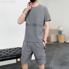 夏季運動休閒套裝男韓版圓領印花短袖冰絲男裝兩件套，舒適透氣運動套裝