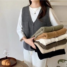 단색 포켓 레이어드 니트 조끼 여성 재고 가을 겨울 루즈핏 스웨터 게으른 심플 조끼