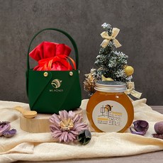 蜂蜜先生 Mr. HONEY 蜂蜜提籃禮盒組 240g 荔枝蜂蜜 野花蜂蜜 皮質提籃絨布袋附竹湯匙, 1個, 綠色皮質提籃+紅色絨布袋+竹湯匙,荔枝蜂蜜