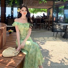 Yellwell여름 여성 패션 그린 플로럴 시스루 롱 원피스 우아한 데이트룩LST