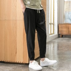 LARGE STORE 潮流百搭棉麻素面抽繩縮口長褲 棉麻褲 涼感褲 工裝褲 休閒長褲 縮口長褲 輕薄涼感