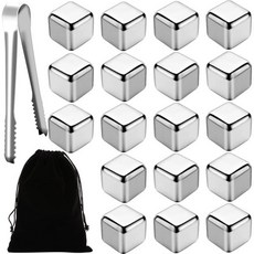 나나소 18Pcs 금속 얼음 조각 재사용 가능한 위스키 스톤 스테인리스 스틸 냉동 냉각 집게가 달린 암석 및 보드카 주스 밀크 소다용 드로스트링 백